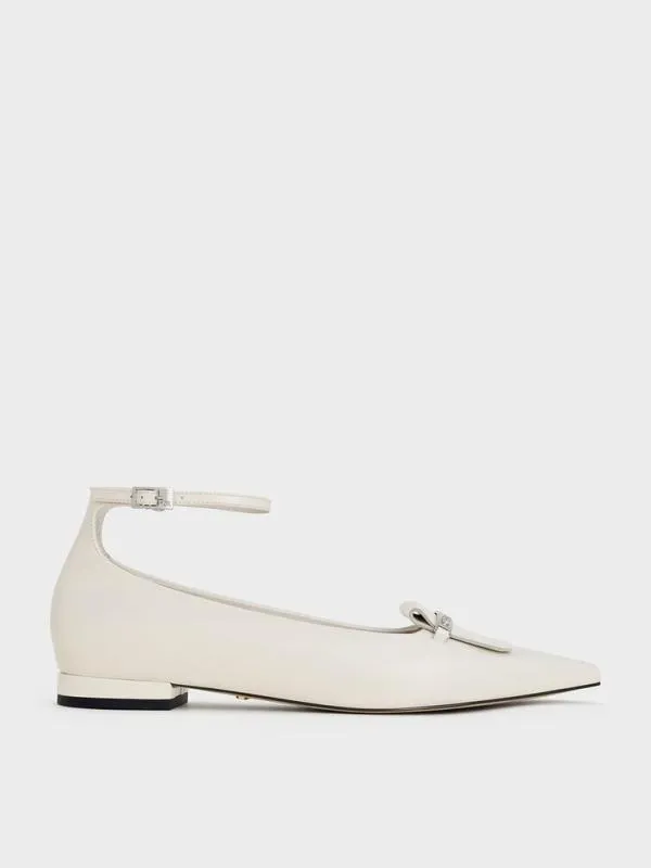 Women Leather MetallicAccent PointedToe AnkleStrap Flats 8211 Chalk CHARLES and KEITH Flats Women Leather MetallicAccent PointedToe AnkleStrap Flats 8211 Chalk CHARLES and KEITH Flats