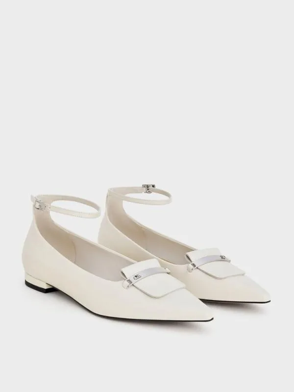 Women Leather MetallicAccent PointedToe AnkleStrap Flats 8211 Chalk CHARLES and KEITH Flats