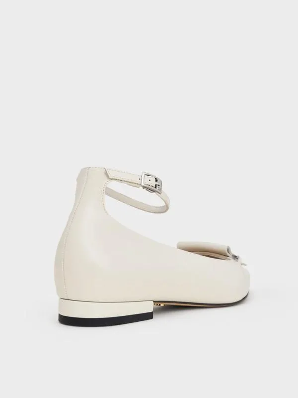 Women Leather MetallicAccent PointedToe AnkleStrap Flats 8211 Chalk CHARLES and KEITH Flats