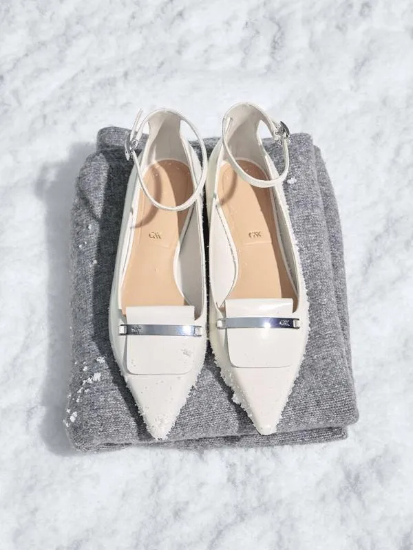 Women Leather MetallicAccent PointedToe AnkleStrap Flats 8211 Chalk CHARLES and KEITH Flats