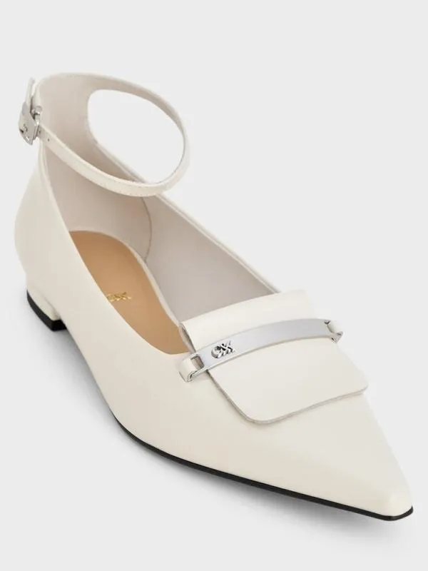 Women Leather MetallicAccent PointedToe AnkleStrap Flats 8211 Chalk CHARLES and KEITH Flats