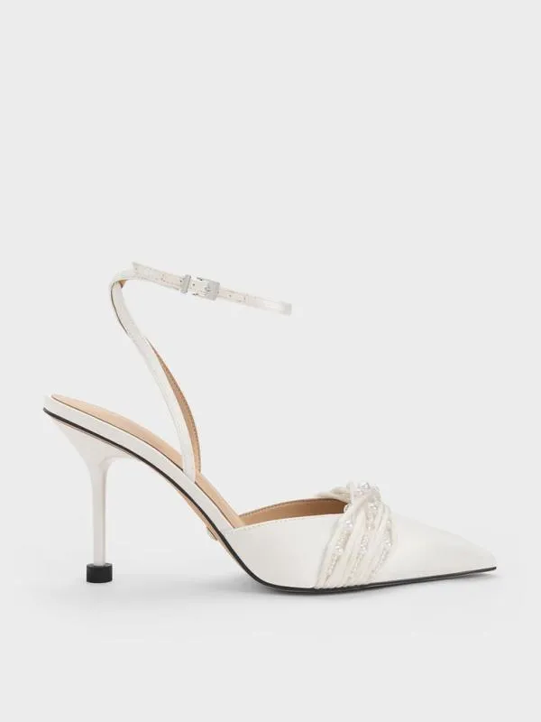 Women Leda Beaded Satin AnkleStrap Pumps 8211 White CHARLES and KEITH Heels