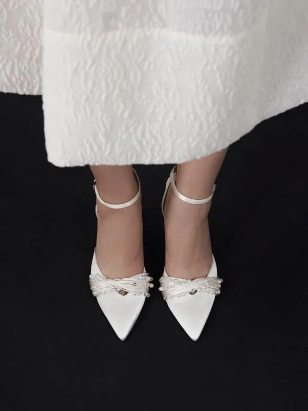 Women Leda Beaded Satin AnkleStrap Pumps 8211 White CHARLES and KEITH Heels