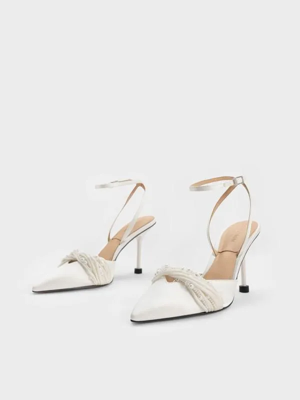 Women Leda Beaded Satin AnkleStrap Pumps 8211 White CHARLES and KEITH Heels