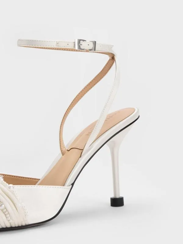 Women Leda Beaded Satin AnkleStrap Pumps 8211 White CHARLES and KEITH Heels