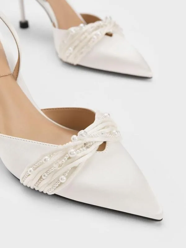 Women Leda Beaded Satin AnkleStrap Pumps 8211 White CHARLES and KEITH Heels