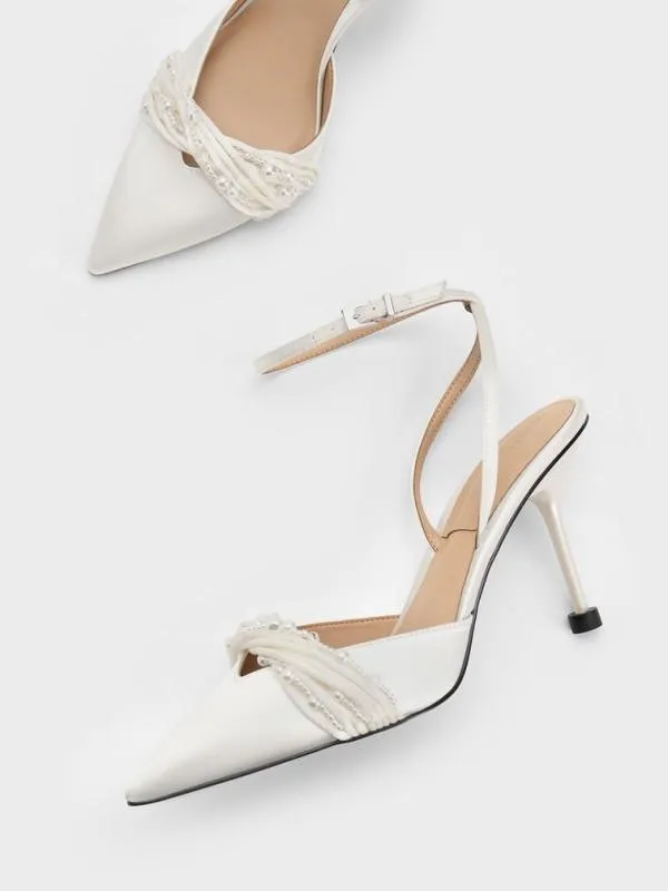 Women Leda Beaded Satin AnkleStrap Pumps 8211 White CHARLES and KEITH Heels
