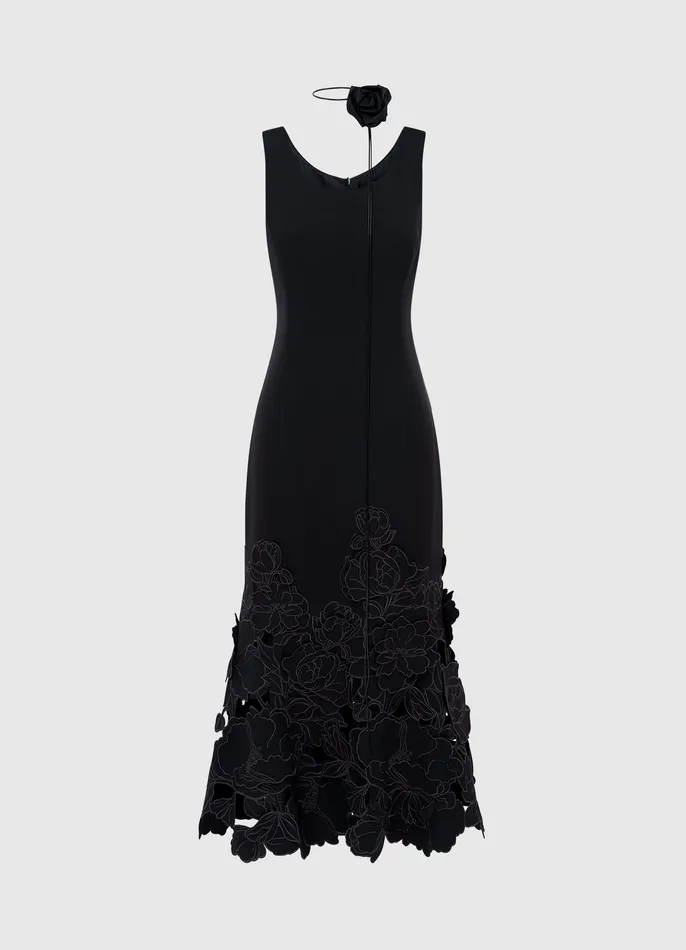 Women LEO LIN Emily Appliqu Midi Dress 8211 Ebony Dresses and Jumpsuits