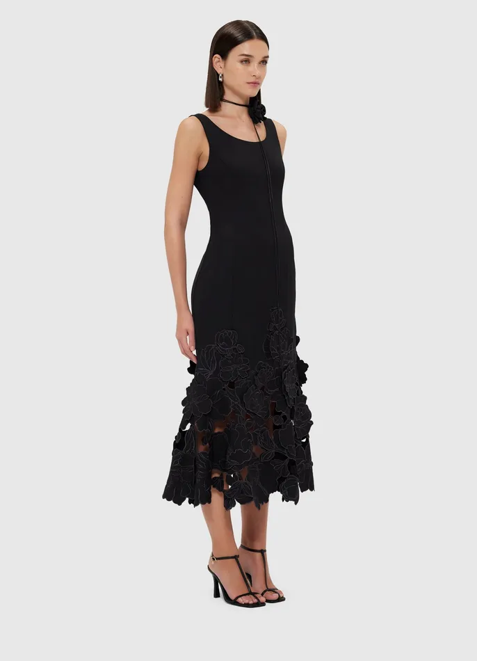 Women LEO LIN Emily Appliqu Midi Dress 8211 Ebony Dresses and Jumpsuits