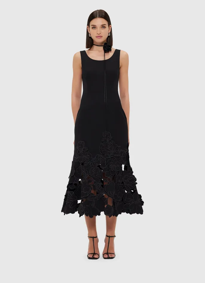 Women LEO LIN Emily Appliqu Midi Dress 8211 Ebony Dresses and Jumpsuits