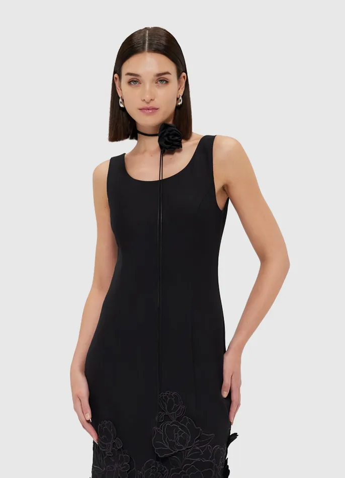 Women LEO LIN Emily Appliqu Midi Dress 8211 Ebony Dresses and Jumpsuits