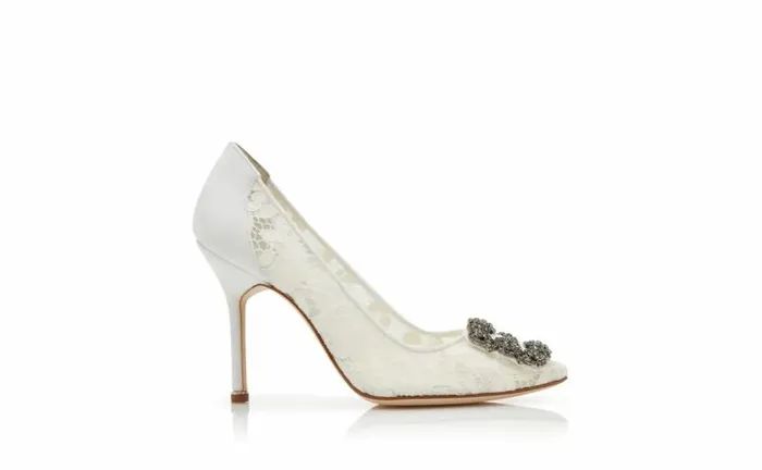 Women Light Cream Lace Jewel Buckle Pumps Manolo Blahnik Pumps