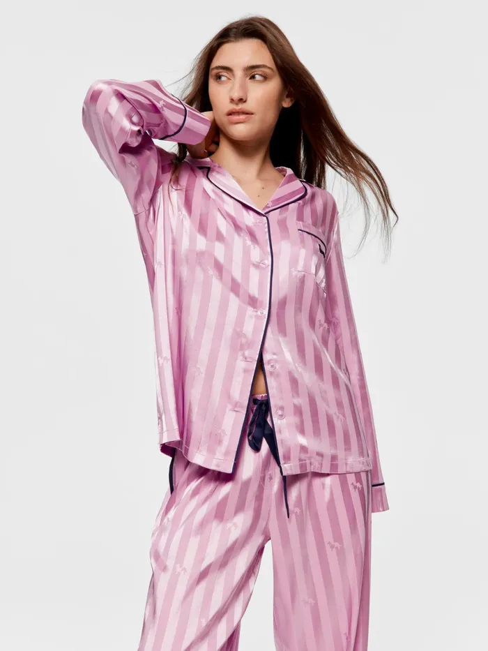Women Lilac Penny Stripe Chic Satin Long Sleeve Pj Set Lilac Peter Alexander Sets and Onesies