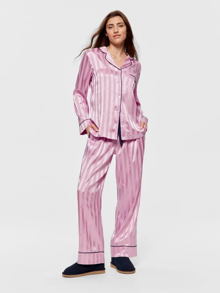 Women Lilac Penny Stripe Chic Satin Long Sleeve Pj Set Lilac Peter Alexander Sets and Onesies