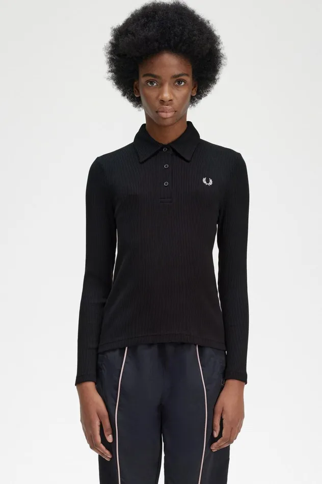 Women Long Sleeve Ribbed Polo Shirt Black Fred Perry Polo Shirts