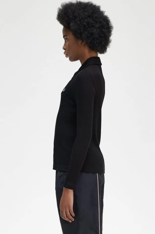 Women Long Sleeve Ribbed Polo Shirt Black Fred Perry Polo Shirts