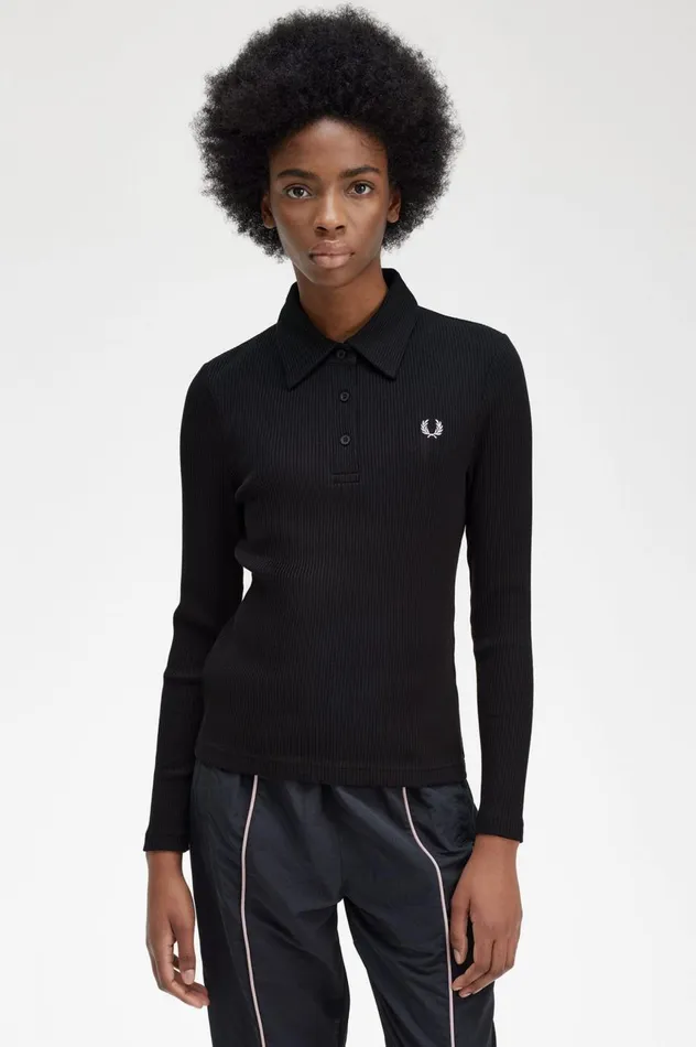 Women Long Sleeve Ribbed Polo Shirt Black Fred Perry Polo Shirts