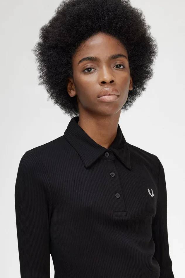 Women Long Sleeve Ribbed Polo Shirt Black Fred Perry Polo Shirts