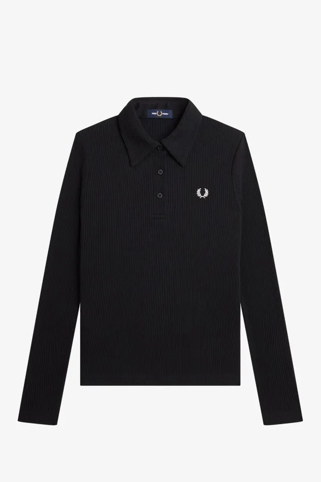 Women Long Sleeve Ribbed Polo Shirt Black Fred Perry Polo Shirts