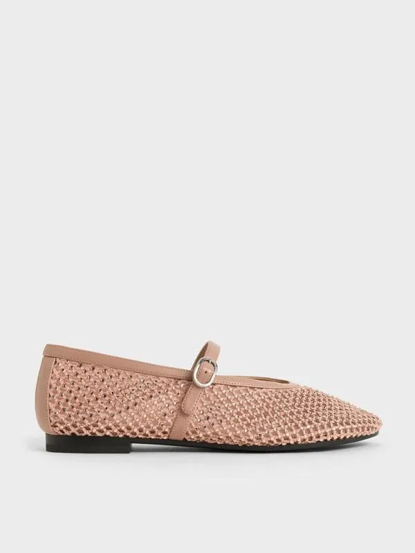 Women Maggie Mesh CrystalEmbellished Mary Janes 8211 Nude CHARLES and KEITH Ballet Flats