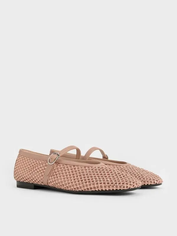 Women Maggie Mesh CrystalEmbellished Mary Janes 8211 Nude CHARLES and KEITH Ballet Flats