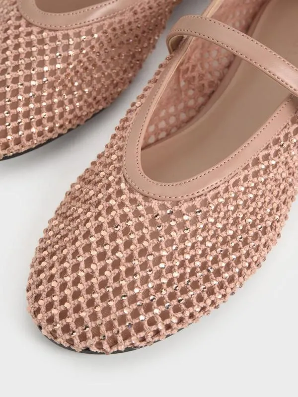Women Maggie Mesh CrystalEmbellished Mary Janes 8211 Nude CHARLES and KEITH Ballet Flats