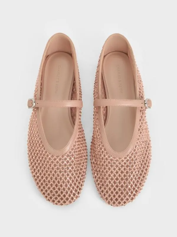 Women Maggie Mesh CrystalEmbellished Mary Janes 8211 Nude CHARLES and KEITH Ballet Flats