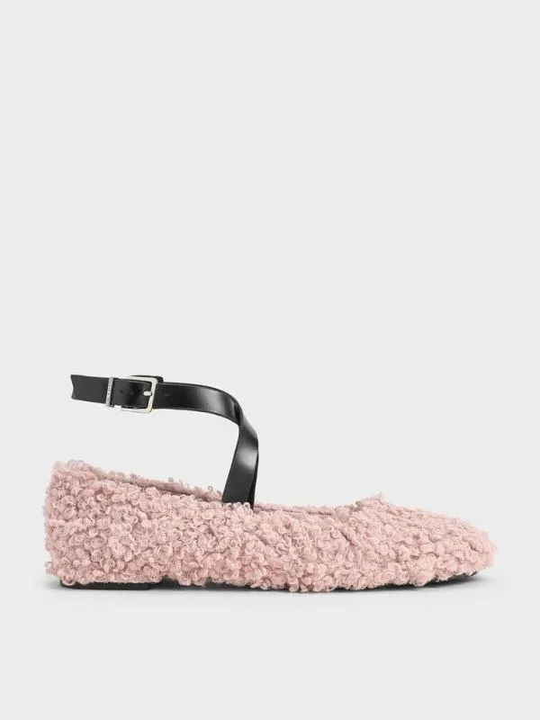 Women Margot Furry CrossoverStrap Ballet Flats 8211 Pink CHARLES and KEITH Flats