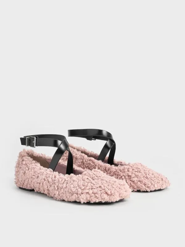 Women Margot Furry CrossoverStrap Ballet Flats 8211 Pink CHARLES and KEITH Flats