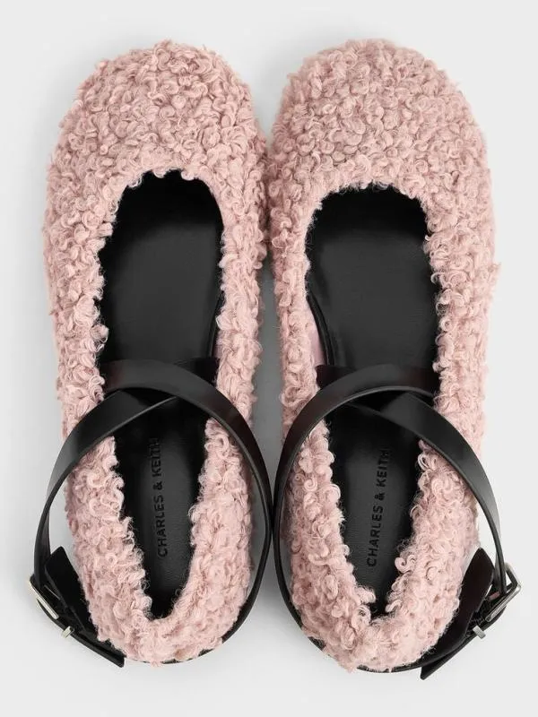 Women Margot Furry CrossoverStrap Ballet Flats 8211 Pink CHARLES and KEITH Flats