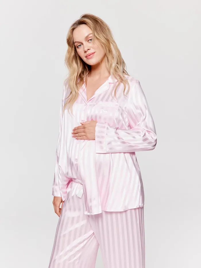 Women Maternity Long Pink Stripe Chic Satin Pj Set Pink Peter Alexander Satin