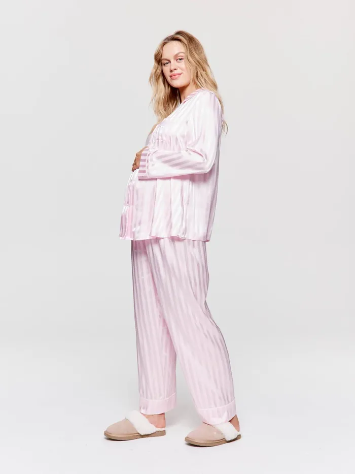 Women Maternity Long Pink Stripe Chic Satin Pj Set Pink Peter Alexander Satin