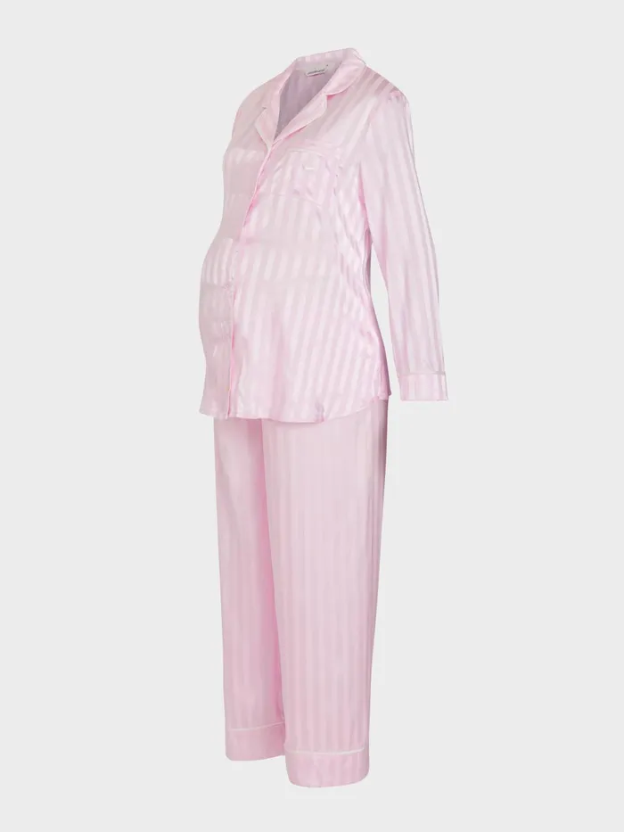 Women Maternity Long Pink Stripe Chic Satin Pj Set Pink Peter Alexander Satin