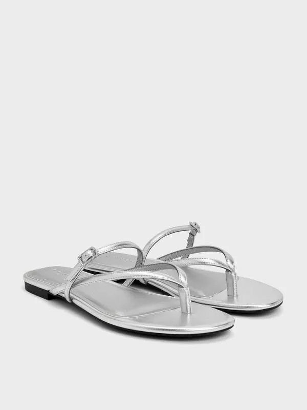 Women Metallic CrystalBuckle Strappy Thong Sandals 8211 Silver CHARLES and KEITH Sandals