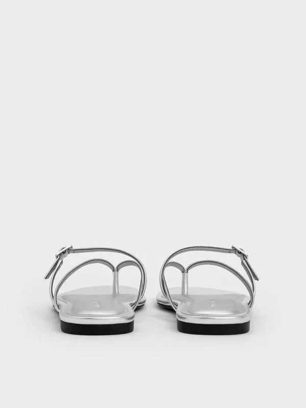 Women Metallic CrystalBuckle Strappy Thong Sandals 8211 Silver CHARLES and KEITH Sandals