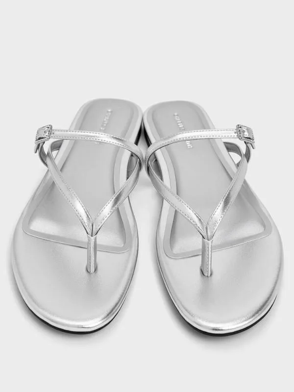 Women Metallic CrystalBuckle Strappy Thong Sandals 8211 Silver CHARLES and KEITH Sandals