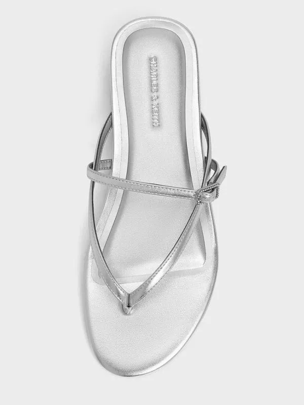 Women Metallic CrystalBuckle Strappy Thong Sandals 8211 Silver CHARLES and KEITH Sandals