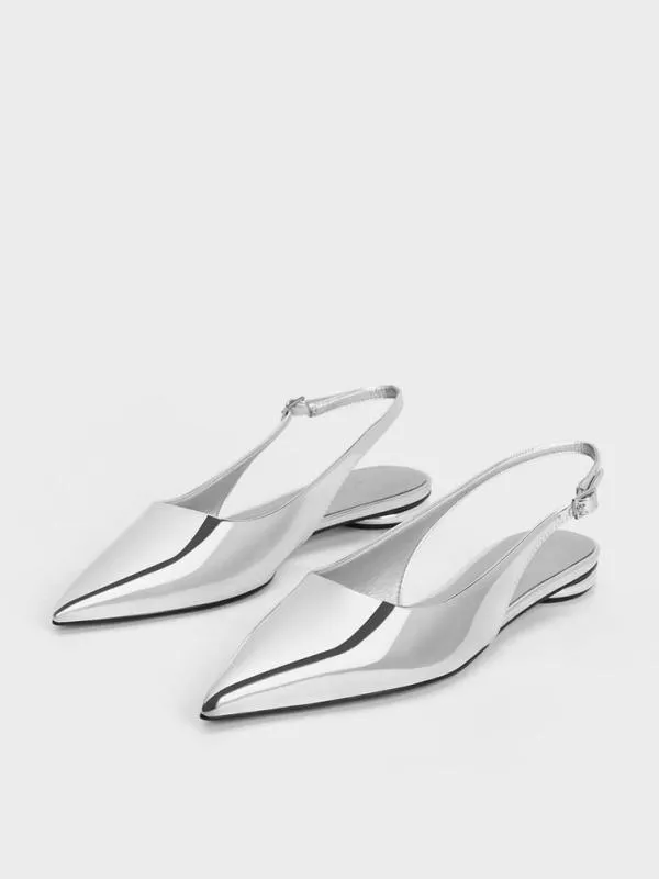 Women Metallic PointedToe Slingback Flats 8211 Silver CHARLES and KEITH Ballet Flats