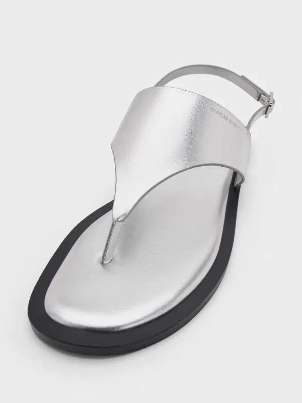 Women Metallic VStrap Slingback Thong Sandals 8211 Silver CHARLES and KEITH Sandals