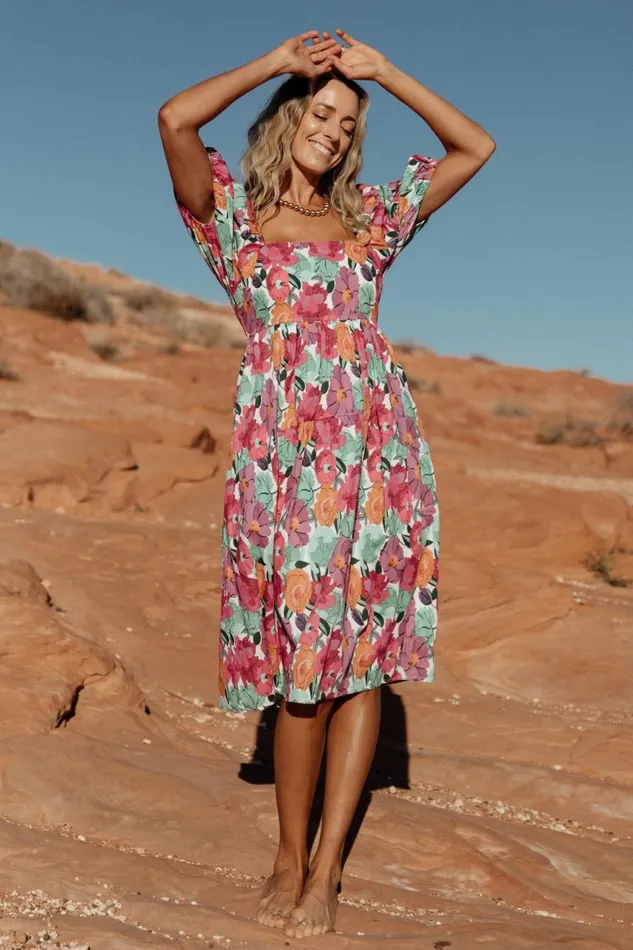 Women Midi Dresses Baltic Born Aimee Puff Sleeve Midi Dress Pink Multi Women Midi Dresses Baltic Born Aimee Puff Sleeve Midi Dress Pink Multi