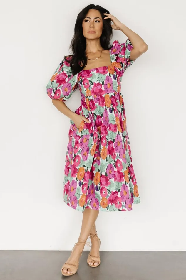 Women Midi Dresses Baltic Born Aimee Puff Sleeve Midi Dress Pink Multi Women Midi Dresses Baltic Born Aimee Puff Sleeve Midi Dress Pink Multi