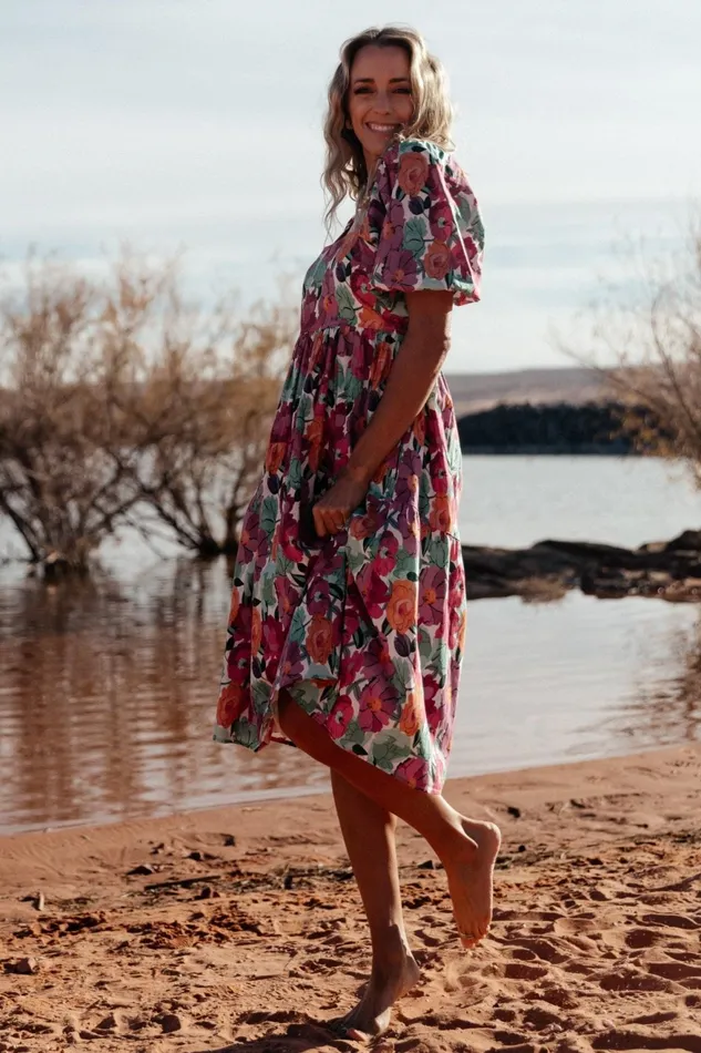 Women Midi Dresses Baltic Born Aimee Puff Sleeve Midi Dress Pink Multi Women Midi Dresses Baltic Born Aimee Puff Sleeve Midi Dress Pink Multi