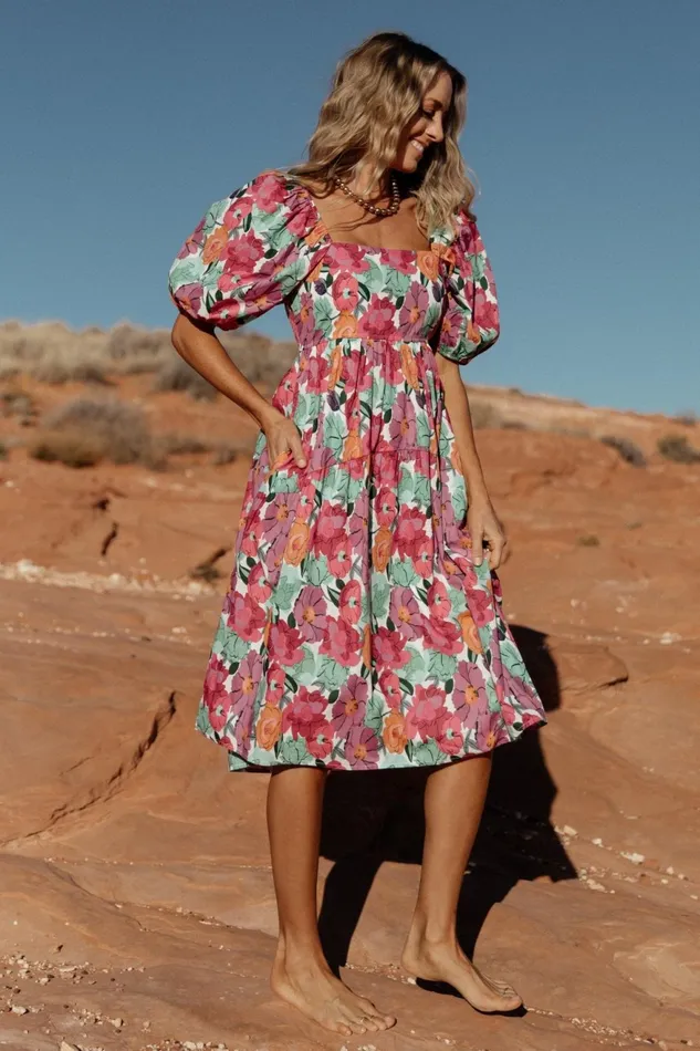 Women Midi Dresses Baltic Born Aimee Puff Sleeve Midi Dress Pink Multi Women Midi Dresses Baltic Born Aimee Puff Sleeve Midi Dress Pink Multi
