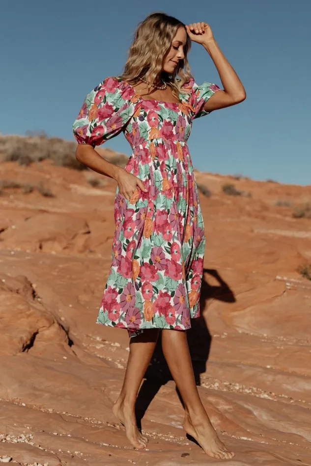 Women Midi Dresses Baltic Born Aimee Puff Sleeve Midi Dress Pink Multi Women Midi Dresses Baltic Born Aimee Puff Sleeve Midi Dress Pink Multi
