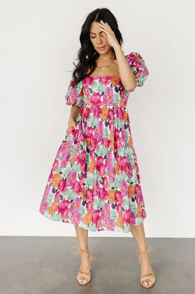 Women Midi Dresses Baltic Born Aimee Puff Sleeve Midi Dress Pink Multi Women Midi Dresses Baltic Born Aimee Puff Sleeve Midi Dress Pink Multi