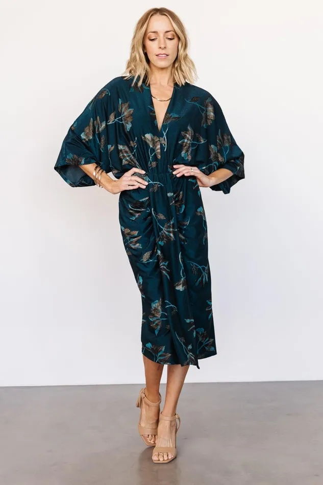 Women Midi Dresses Baltic Born Shaneen Ruched Midi Dress Jade Floral Shimmer