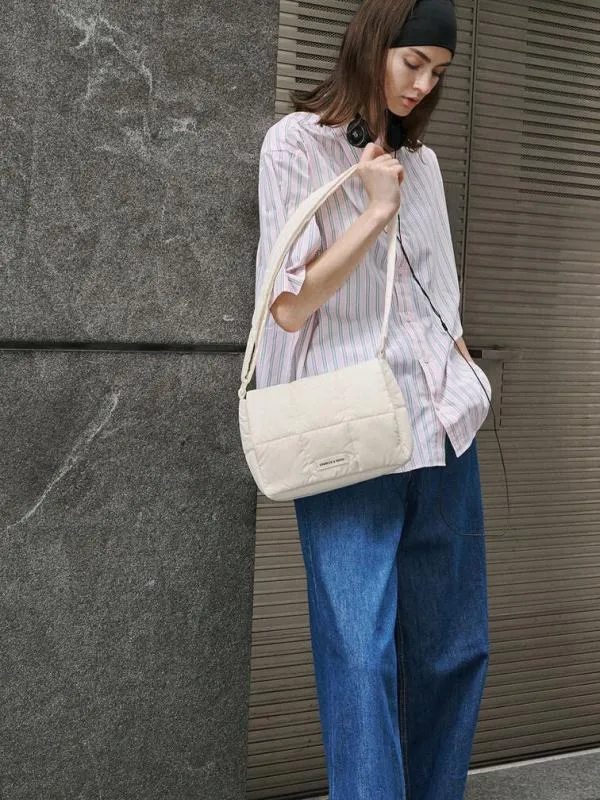 Women Mini Errya Nylon Quilted Puffy Crossbody Bag 8211 White CHARLES and KEITH Crossbody Bags