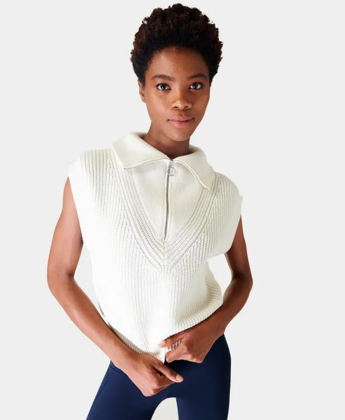 Women Modern Half Zip Knitted Vest Lily White Sweaty Betty Knitwear