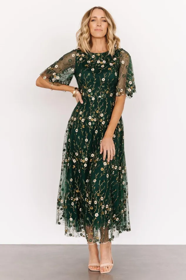 Women Mother Of The Bride Baltic Born Arabella Embroidered Tulle Maxi Dress Dark Green Floral