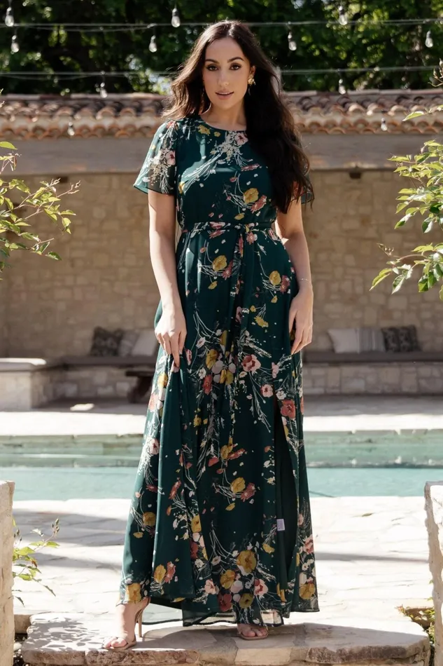 Women Mother Of The Bride Baltic Born Naomi Short Sleeve Maxi Dress Dark Green Floral